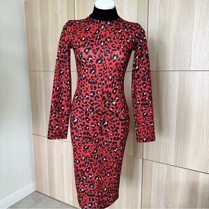 Zara Red and Black Leopard Long Sleeve Dress Size M
